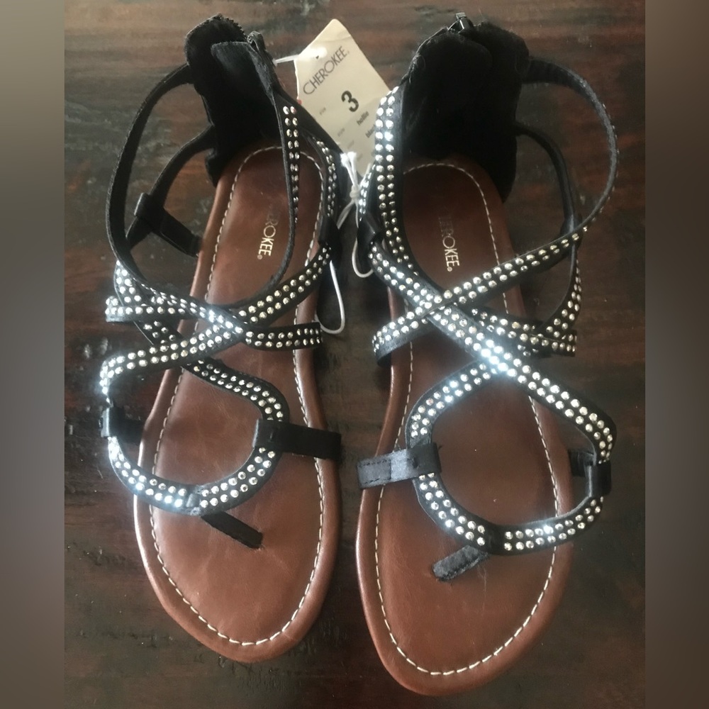 NWT Cherokee Girls Black & Silver Sandals Size 3